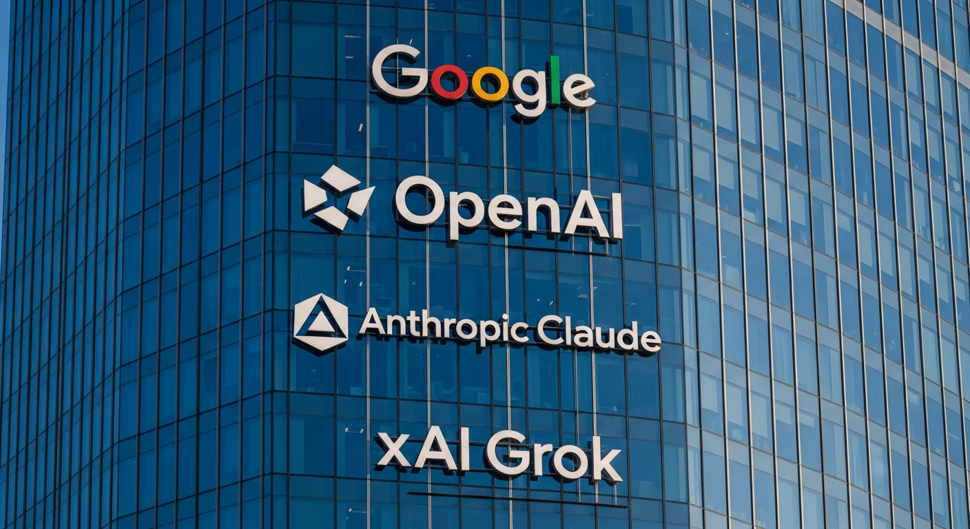 AGI AI model capability comparison infographic showing Claude, OpenAI, Google, and Grok trajectories toward artificial general intelligence