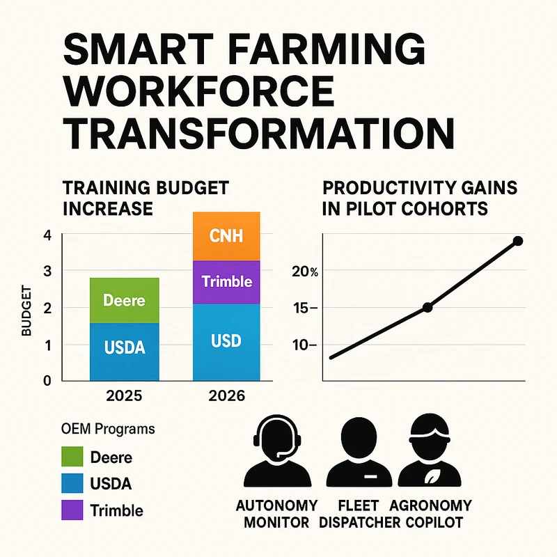 Infographic showing rising Smart Farming training budgets, pilot productivity gains, and new role categories introduced in late 2025
