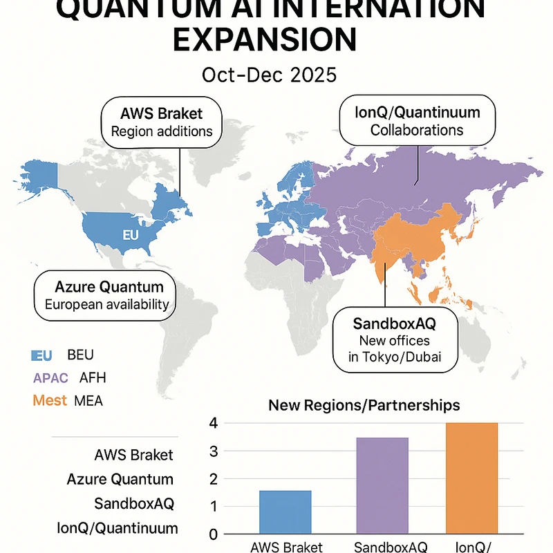 World map with highlighted EU, APAC, and Middle East regions showing Quantum AI expansions and a bar chart comparing company moves.