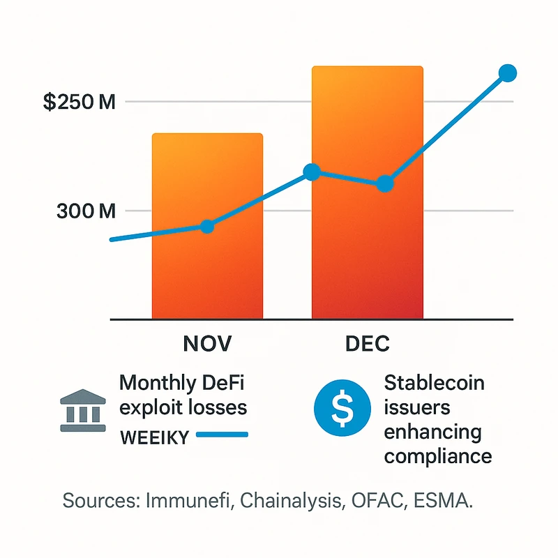 Stacked bar and line chart of DeFi losses and sanctions activity in Nov–Dec 2025