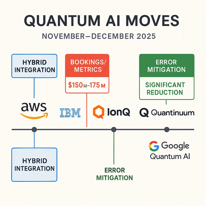 Timeline infographic showing AWS, IBM, IonQ, Quantinuum, and Google Quantum AI announcements in Nov–Dec 2025.