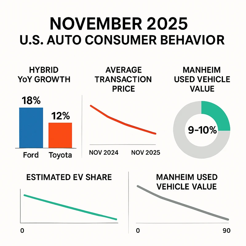 Composite chart showing hybrid sales growth, EV share near 9–10%, ATP decline, and Manheim index down in November 2025.