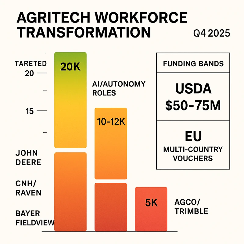 Stacked bar chart showing Q4 2025 AgriTech reskilling targets by major organizations and public funding bands