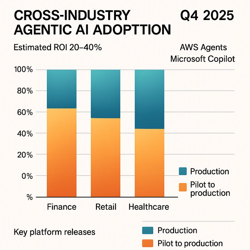 Stacked bar chart showing agentic AI adoption across finance, retail, healthcare, and manufacturing in Q4 2025