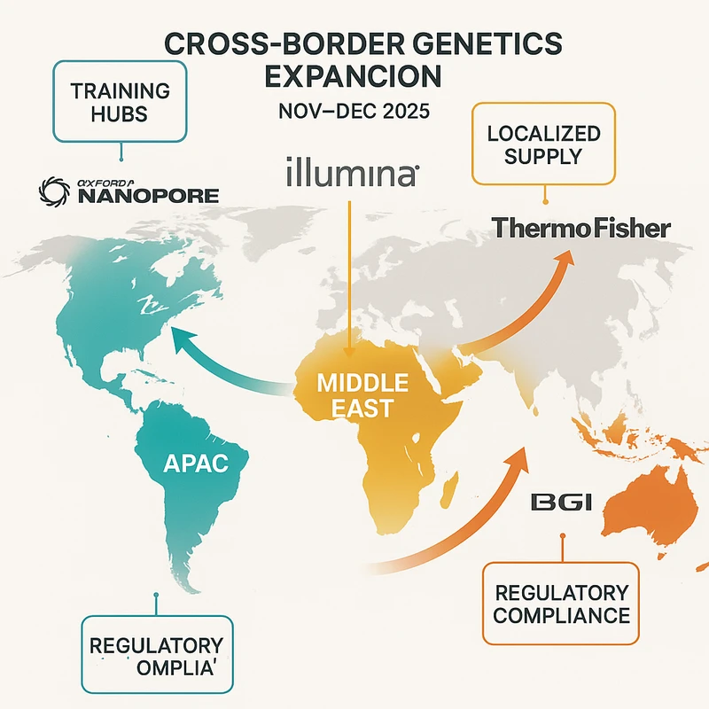World map highlighting APAC, Middle East, and Latin America with arrows showing genetics companies’ expansion moves Nov–Dec 2025