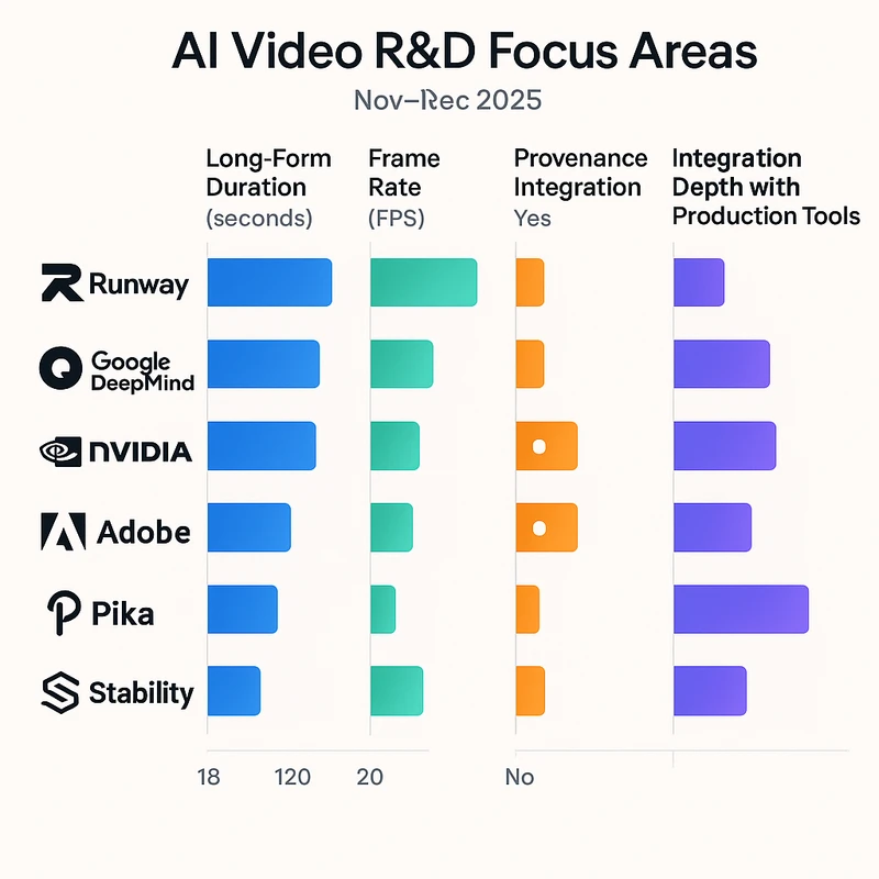 Comparison chart of AI video R&D capabilities across six vendors, including duration, fps, and provenance features