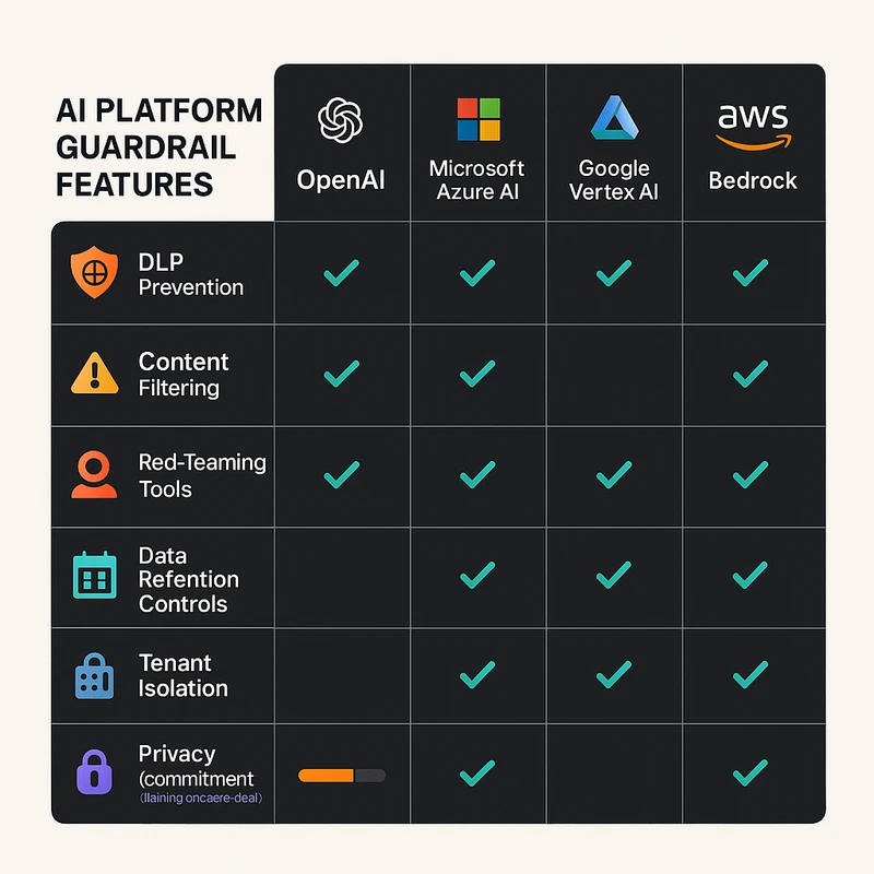 Matrix comparing AI security and privacy features across OpenAI, Microsoft, Google Cloud, and AWS