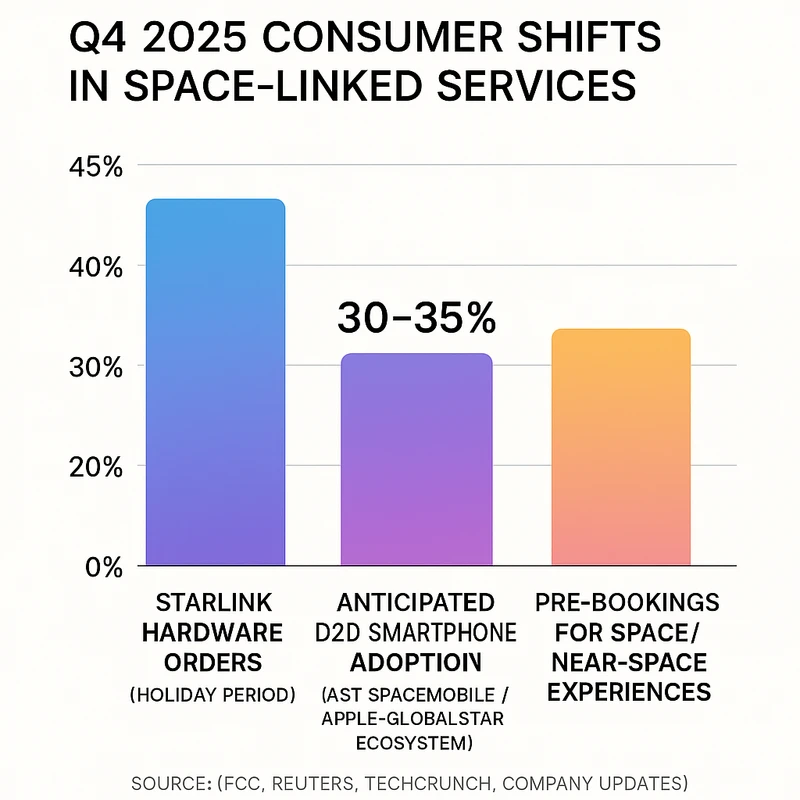 Clustered bar chart showing Q4 2025 consumer uptake in satellite hardware, D2D smartphone features, and space experience pre-bookings