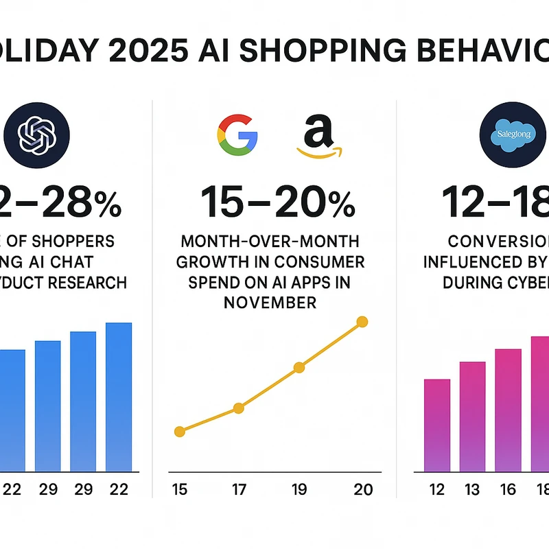 Chart showing rising AI chat usage in holiday shopping, subscription spend growth, and AI-influenced conversions in late 2025