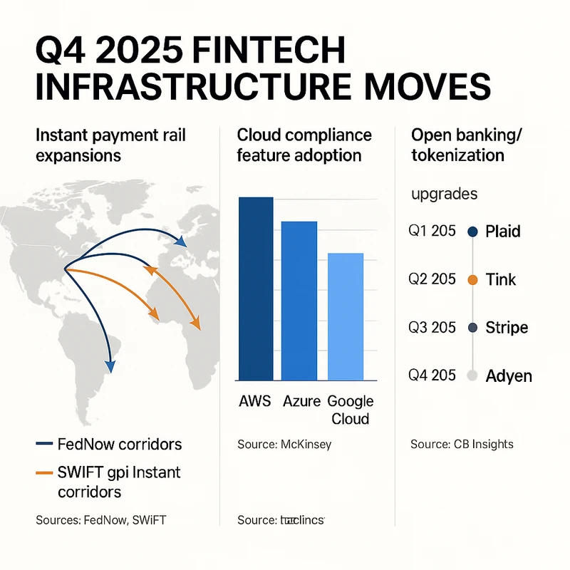 Map and bar chart showing instant payment rail expansions and cloud compliance feature adoption in Q4 2025