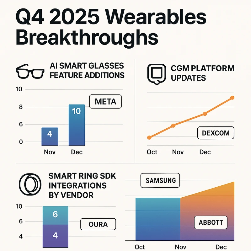 Multi-panel infographic showing Q4 2025 AI glasses features, smart ring SDK integrations, and CGM updates