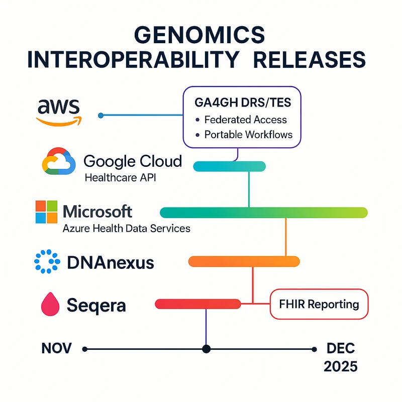 Timeline infographic highlighting Nov–Dec 2025 genomics interoperability updates across major clouds and standards bodies