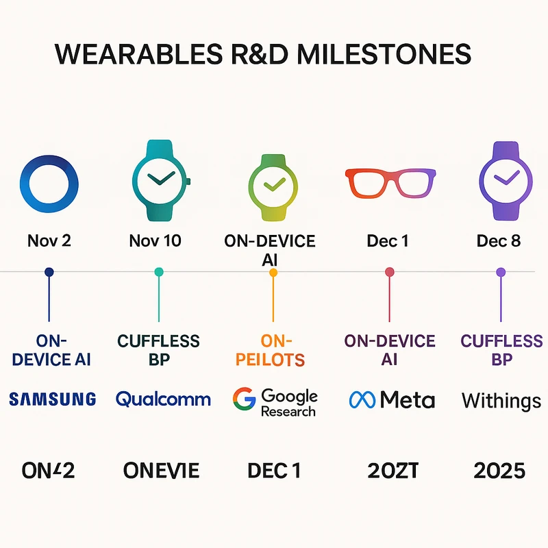 Timeline infographic of wearables R&D milestones from November to December 2025 across major companies