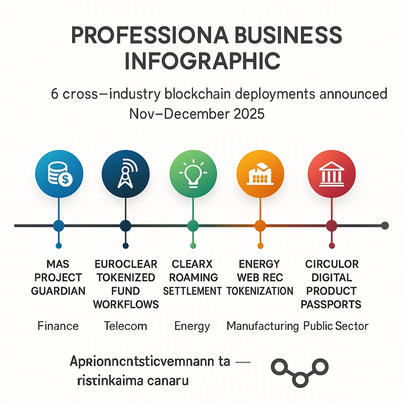 Timeline infographic highlighting cross-industry blockchain deployments in Nov–Dec 2025 across finance, telecom, energy, manufacturing, and public sector.