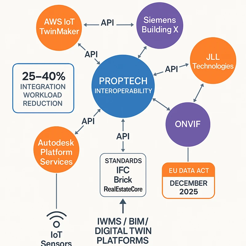 Network diagram illustrating vendor-platform connectors and standards driving PropTech interoperability in late 2025