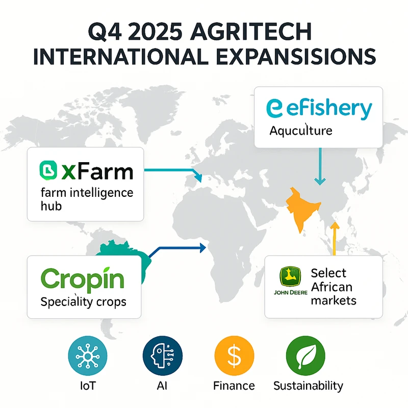 World map highlighting Q4 2025 AgriTech expansions into India, Brazil, the United States, and Africa