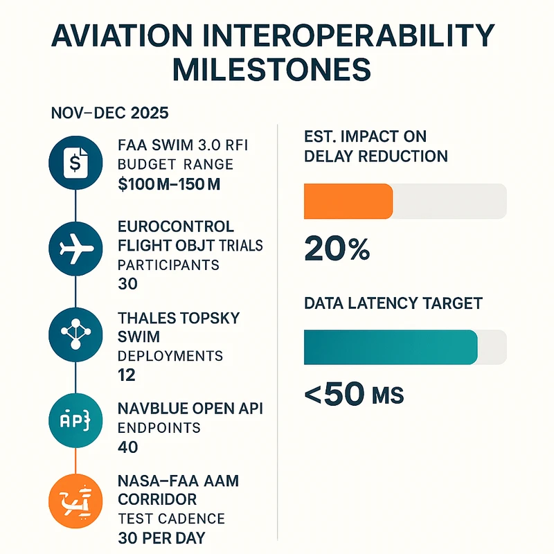 Timeline and bar chart of aviation interoperability milestones and impacts in Nov–Dec 2025