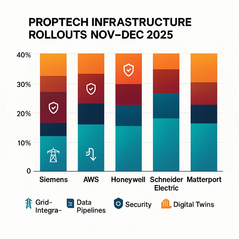 Stacked bar chart visualizing PropTech infrastructure rollouts and focus areas for Siemens, AWS, Honeywell, Schneider Electric, and Matterport in Nov–Dec 2025.