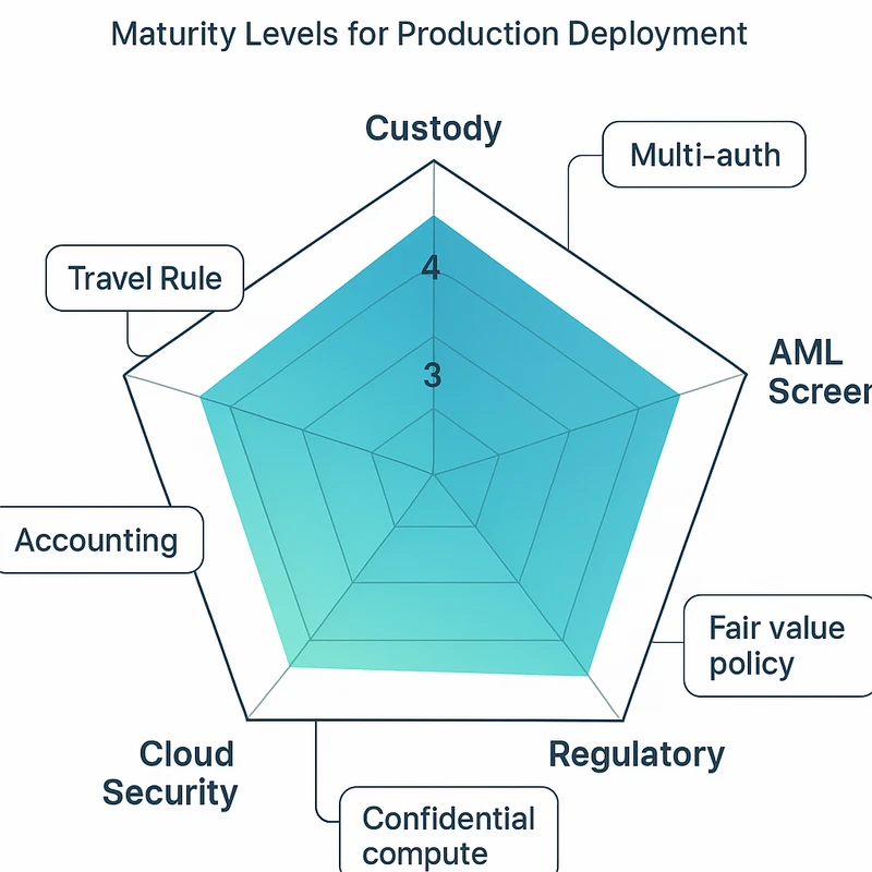 Radar chart comparing maturity across custody, AML screening, regulatory compliance, accounting, and cloud security for enterprise crypto readiness