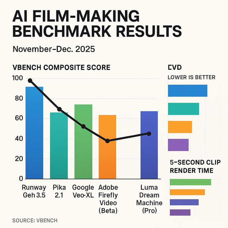 Grouped bars showing VBench scores with a line for FVD and a panel for render times across leading AI film models.