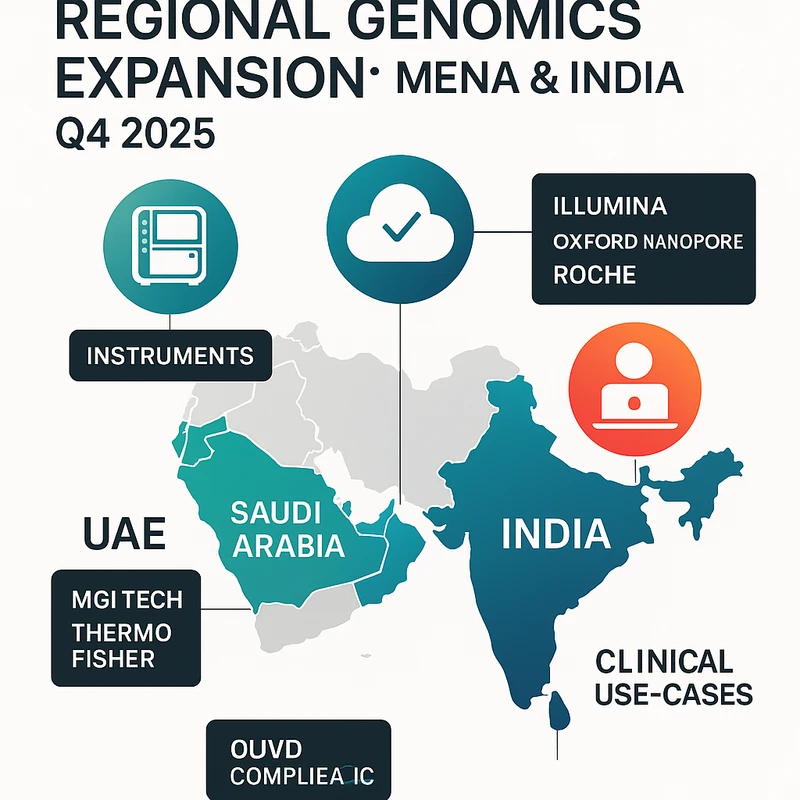 Map infographic highlighting genomics expansions across MENA and India with vendor callouts.