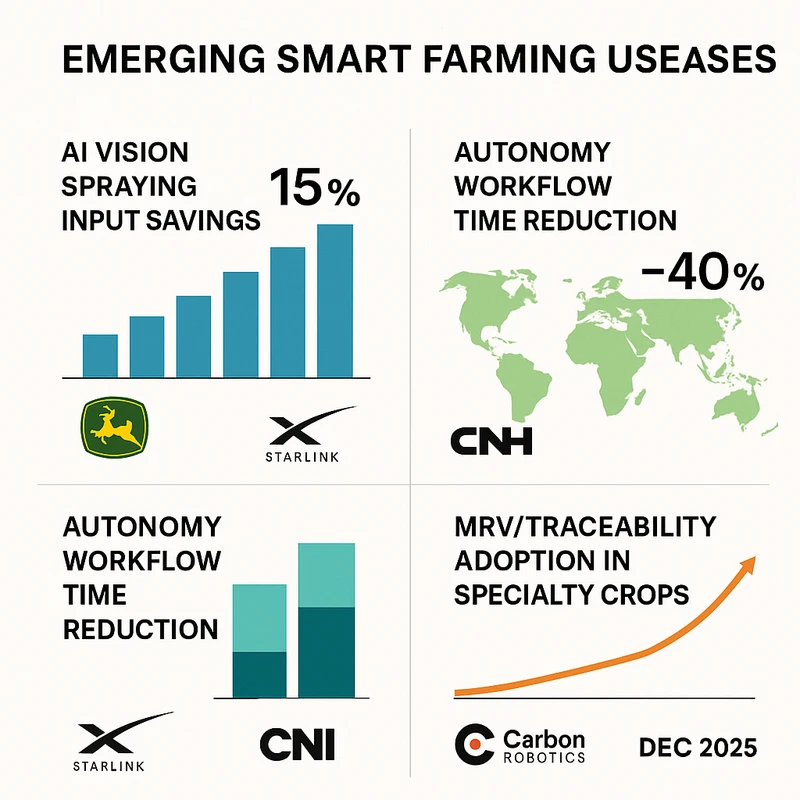 Multi-chart infographic showing input savings, connectivity coverage, autonomy time reduction, and MRV adoption in smart farming pilots, December 2025.