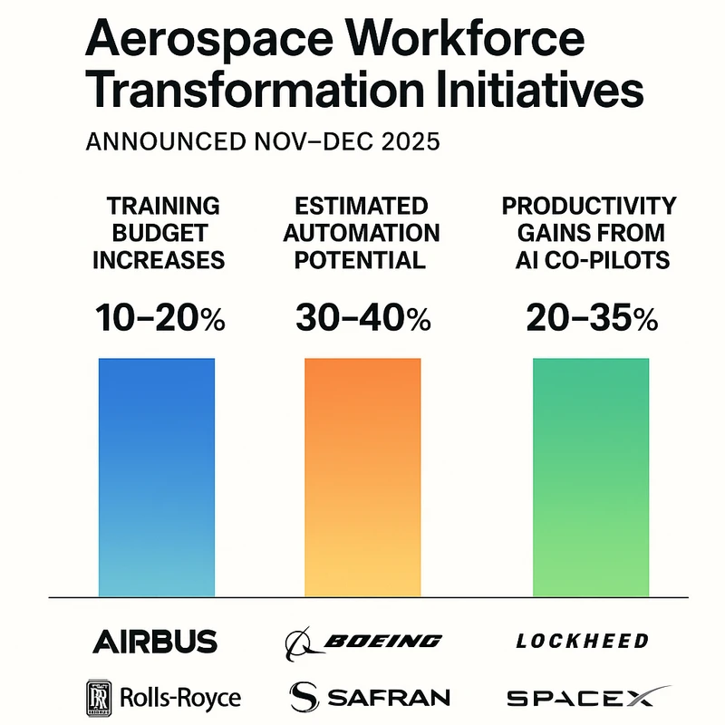 Grouped bar chart showing aerospace training budget increases, automation potential, and AI productivity gains announced in late 2025