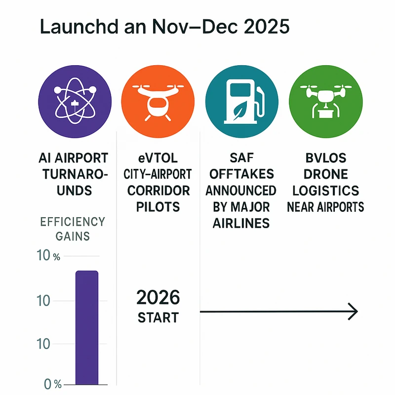 Multi-panel graphic showing AI efficiency gains, eVTOL corridor timelines, SAF offtake announcements, and BVLOS drone logistics progress in late 2025
