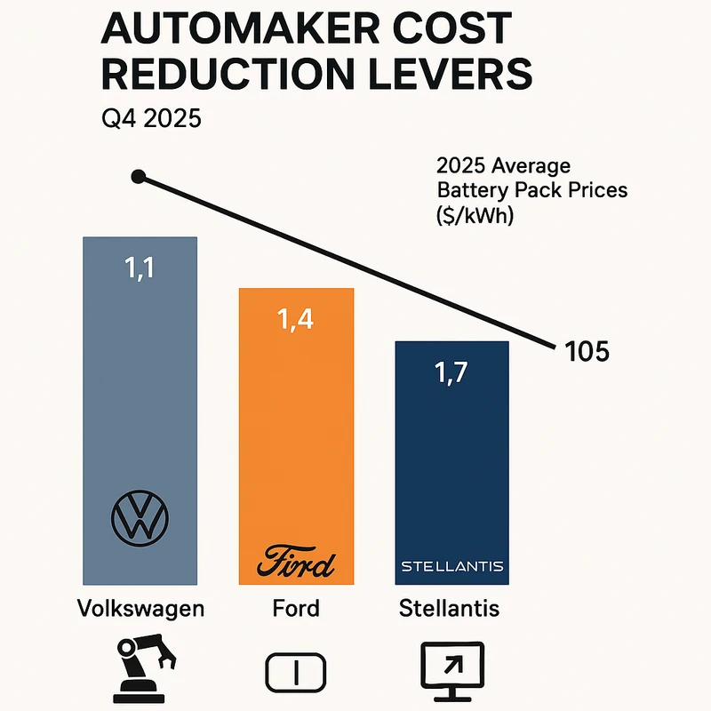 Multi-metric chart showing OEM savings targets and 2025 battery pack prices alongside manufacturing levers.