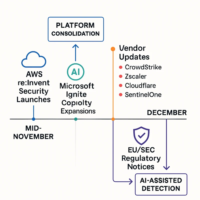 Timeline infographic showing late-2025 security announcements from AWS, Microsoft, and leading vendors with regulatory milestones