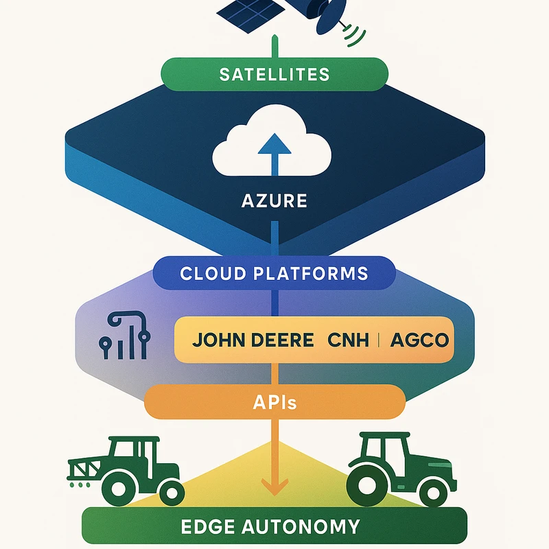 Diagram showing satellites, cloud platforms, OEM APIs, and edge autonomy integrated across Smart Farming workflows in Q4 2025