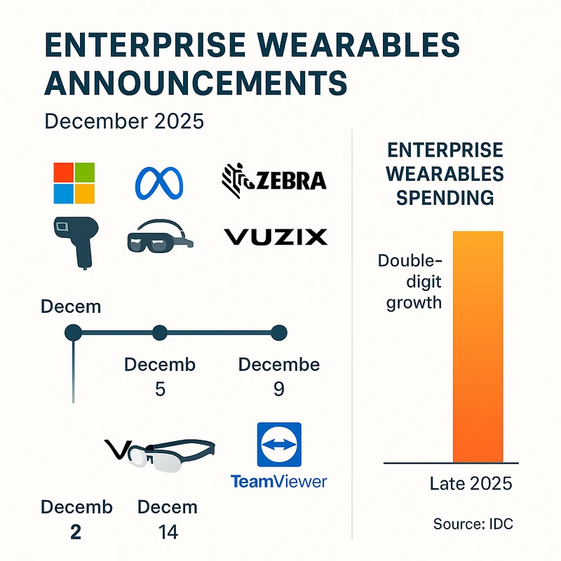 Timeline of December 2025 enterprise wearables announcements and a bar chart indicating double-digit spending growth