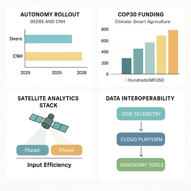 Multi-panel infographic showing autonomy rollout timelines, COP30 agriculture funding bars, satellite analytics workflow, and data interoperability flows in smart farming.