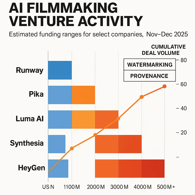 Stacked bar chart of late-2025 AI filmmaking funding ranges with cumulative line plot