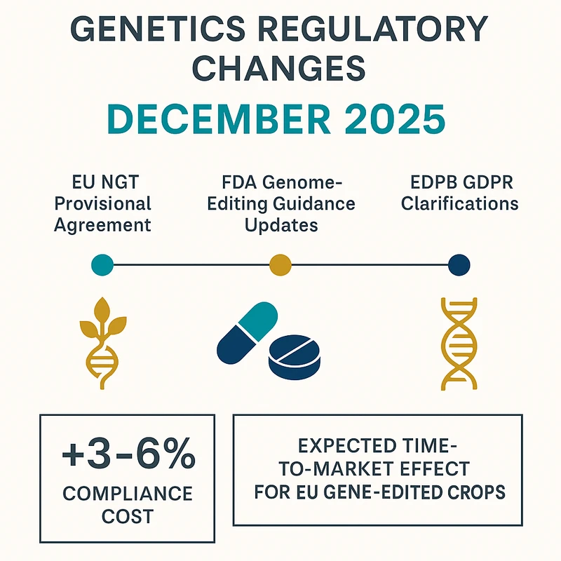 Timeline infographic showing EU NGT deal, FDA genome-editing guidance, and GDPR data clarifications in late 2025