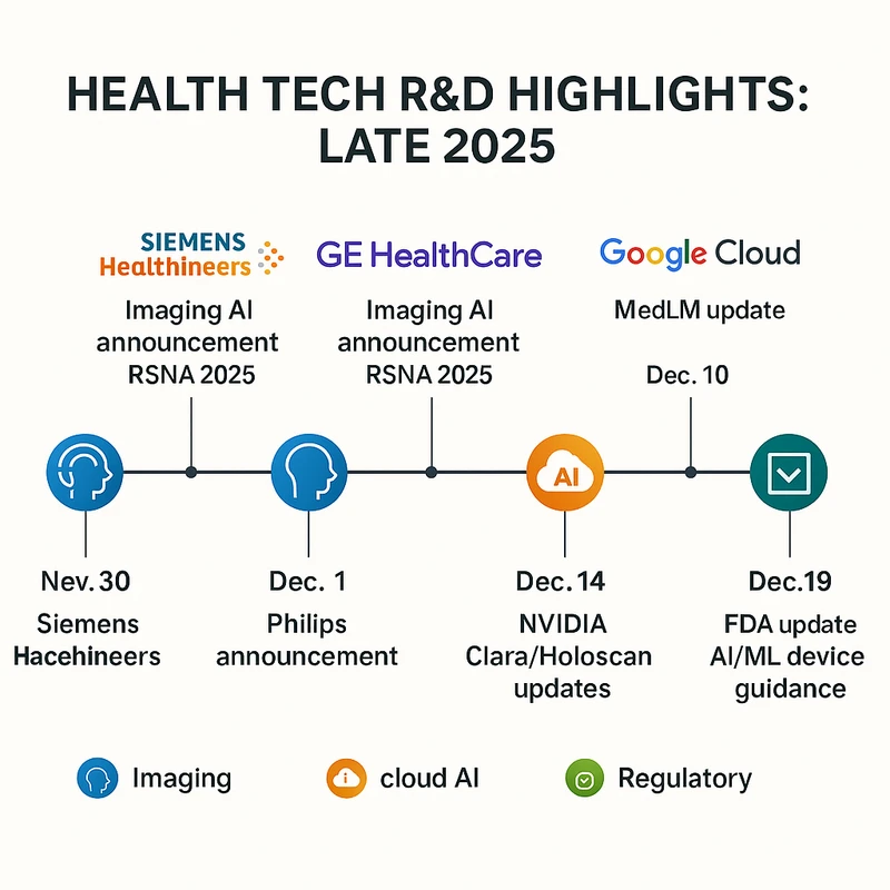 Timeline infographic of late-2025 Health Tech R&D milestones from RSNA imaging AI launches to FDA AI/ML device guidance updates