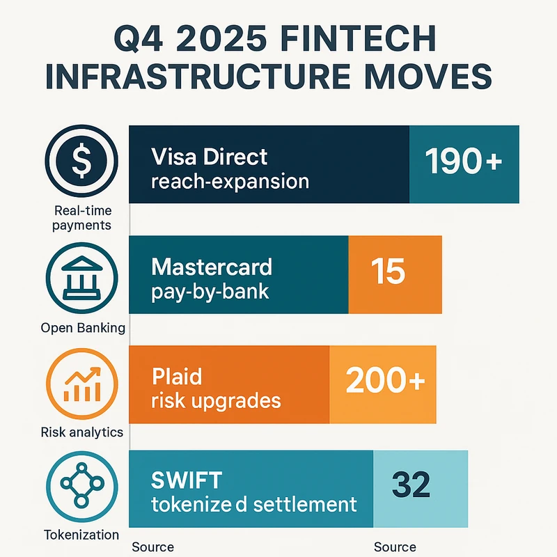 Segmented bar chart illustrating Q4 2025 fintech infrastructure upgrades by Visa, Mastercard, Plaid, and SWIFT