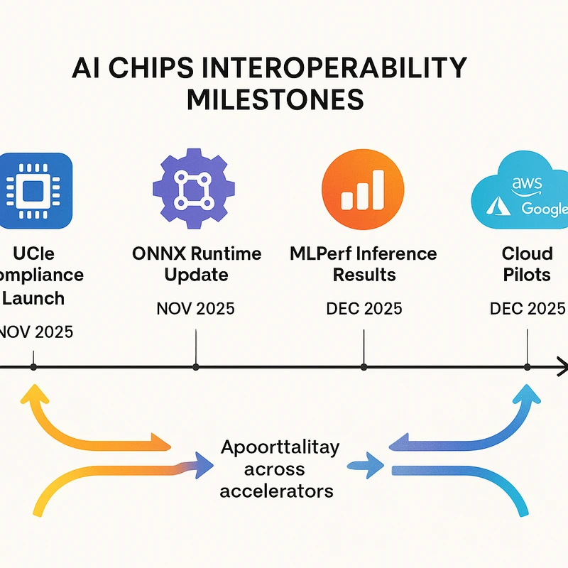 Timeline infographic showing UCIe compliance, ONNX Runtime update, MLPerf results, and cloud mixed-accelerator pilots in Nov–Dec 2025