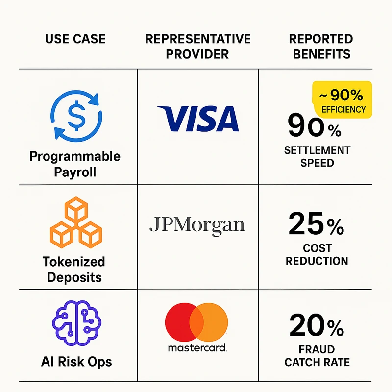 Infographic comparing pilots in programmable payroll, tokenized deposits, and AI risk ops with providers and benefits