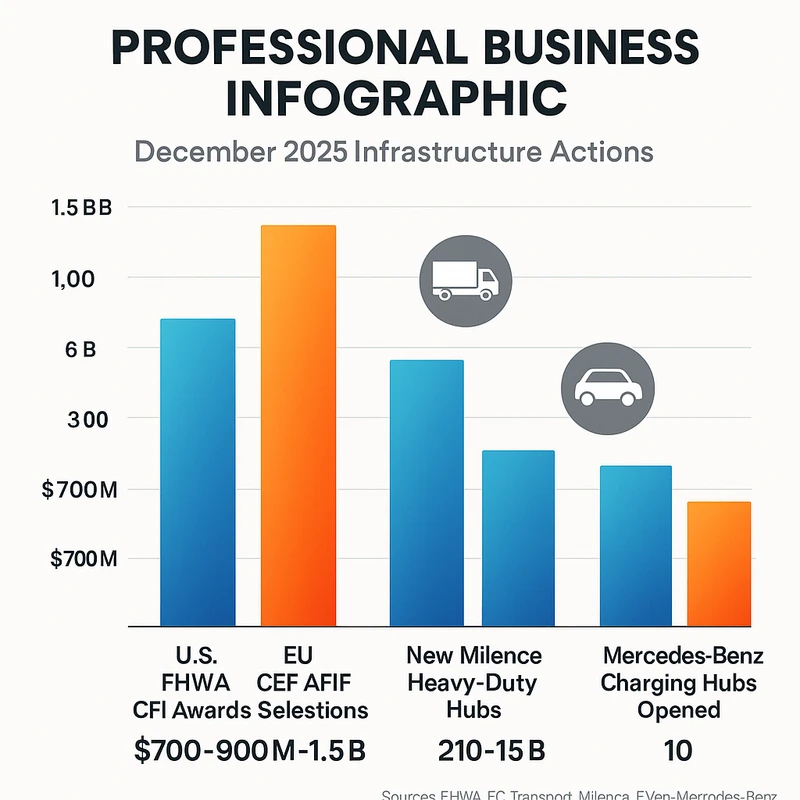 Grouped bar chart showing December 2025 EV infrastructure funding and site openings across U.S. and EU programs and key operators
