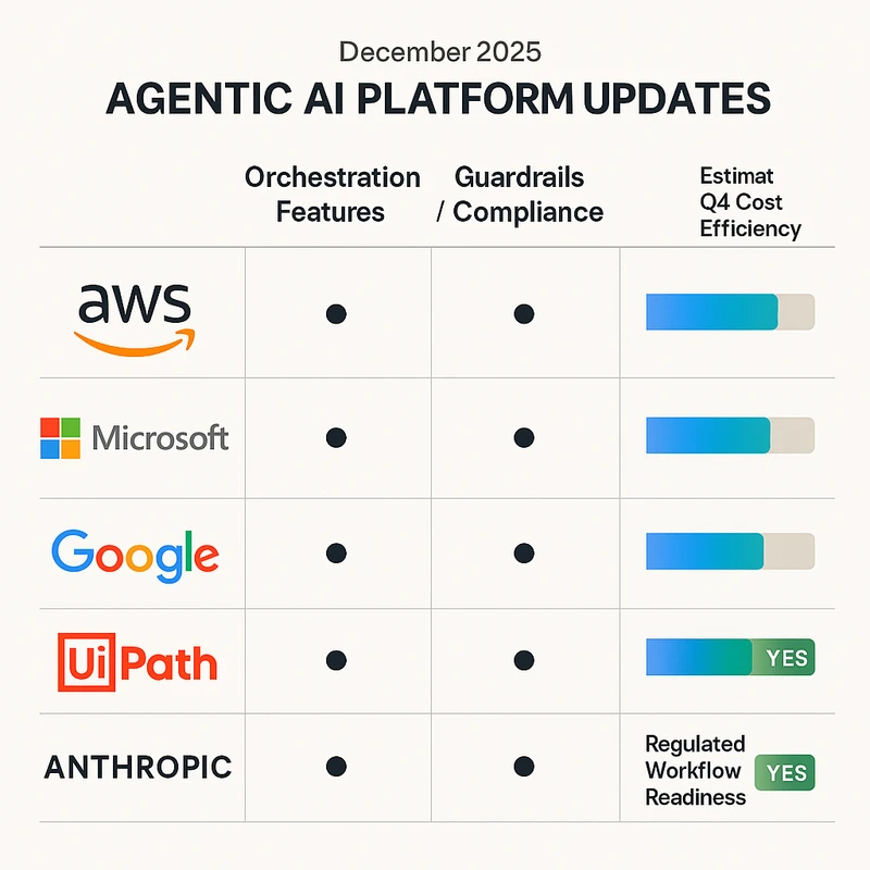 Matrix chart showing December 2025 Agentic AI updates for AWS, Microsoft, Google, UiPath, and Anthropic