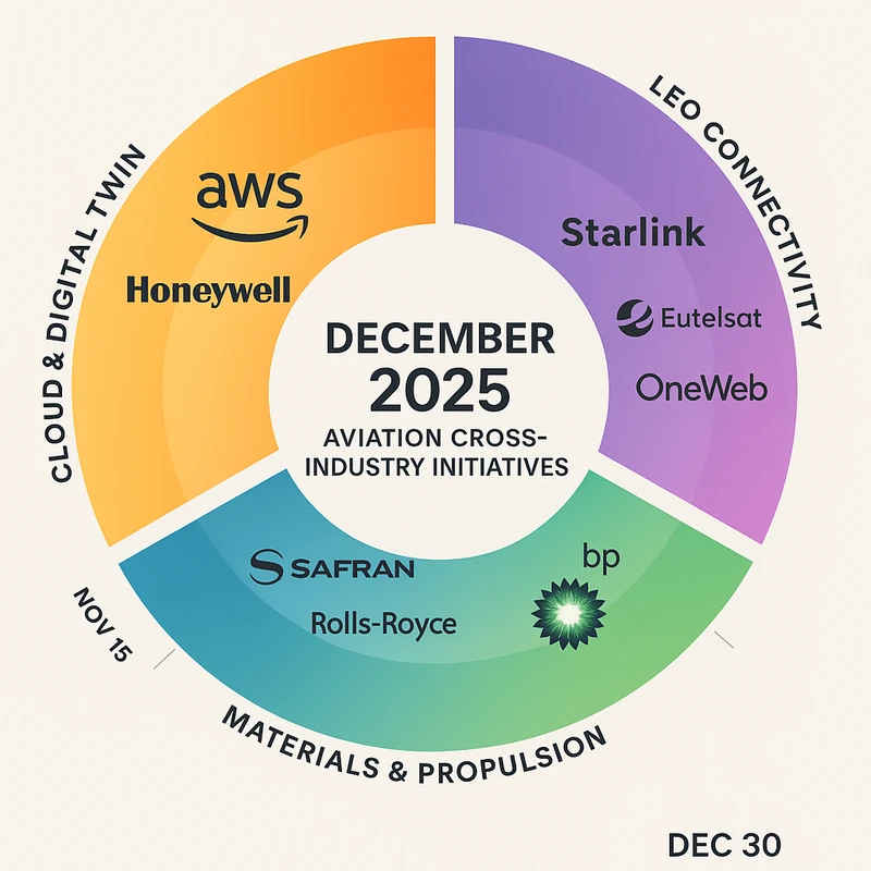 Radial chart showing December 2025 aviation cross-industry initiatives across cloud, connectivity, fuel, and materials