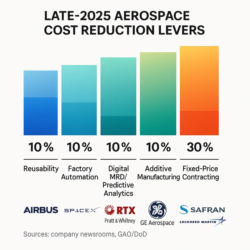 Stacked bar chart showing estimated cost reduction ranges by aerospace strategy in late 2025