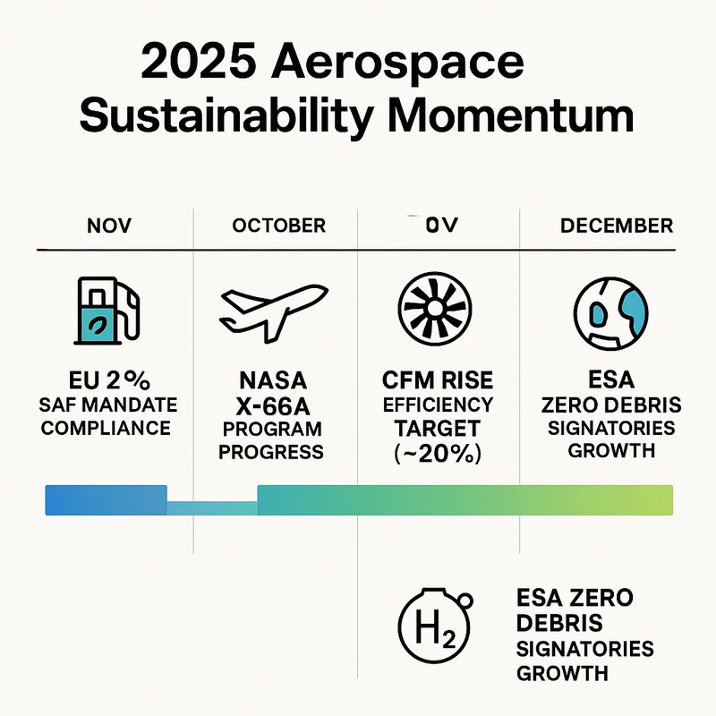 Timeline infographic highlighting EU SAF compliance, NASA X-66A progress, CFM RISE efficiency target, Airbus–CFM hydrogen demo, and ESA Zero Debris signatory growth in Nov–Dec 2025