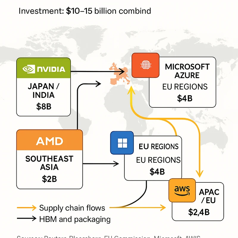 Map infographic showing late-2025 AI chip expansion by Nvidia, AMD, TSMC, Azure, and AWS across EU and Asia