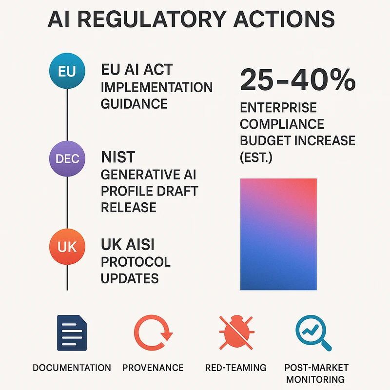 Timeline and bar chart showing December 2025 AI regulatory actions and compliance budget increases