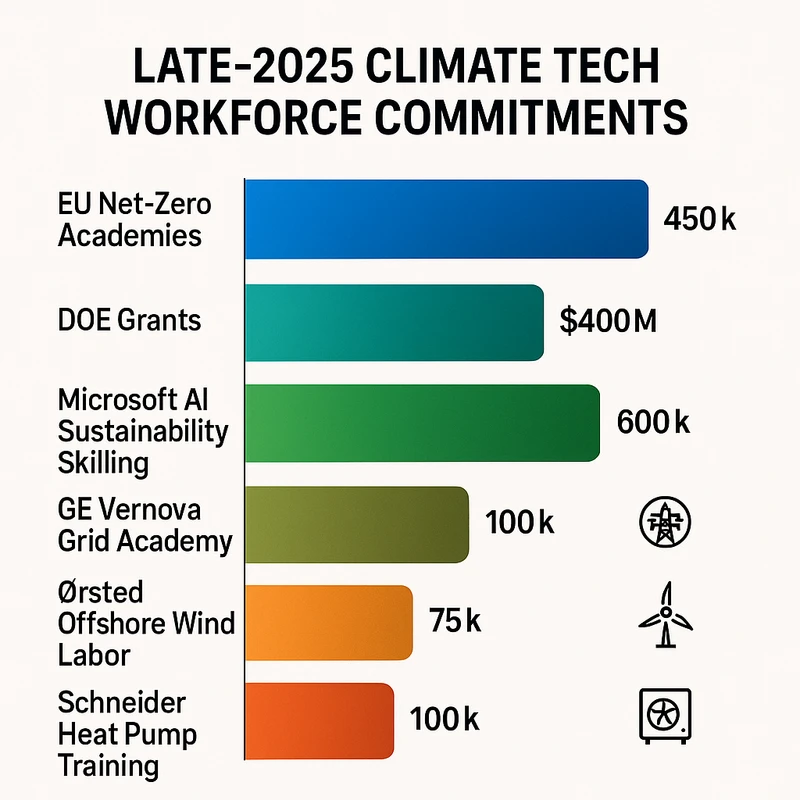 Segmented bar chart showing climate tech workforce training commitments announced in late 2025