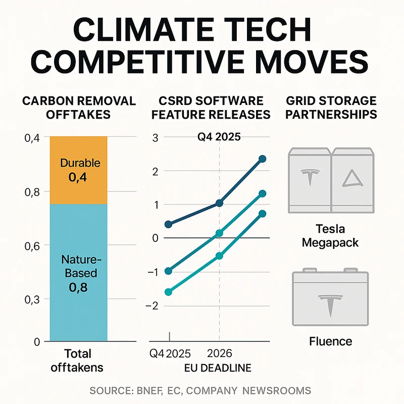 Composite chart showing Q4 2025 carbon removal deals, CSRD software launches, and grid storage partnerships