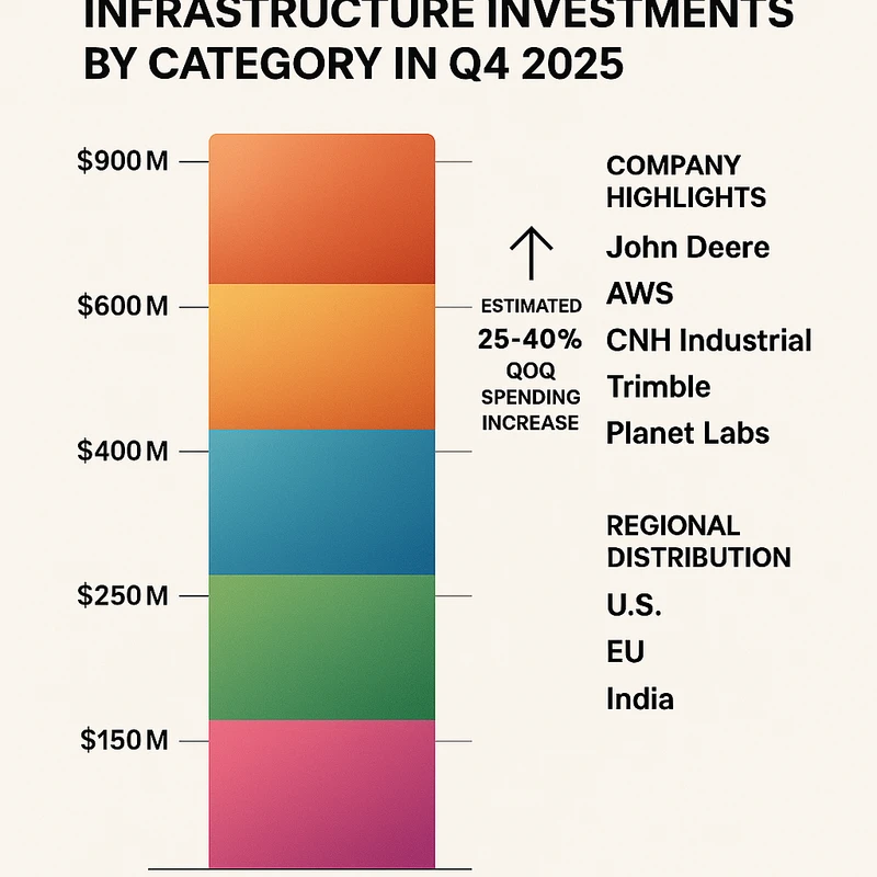 Stacked bar chart showing Q4 2025 AgriTech infrastructure investments by category and region