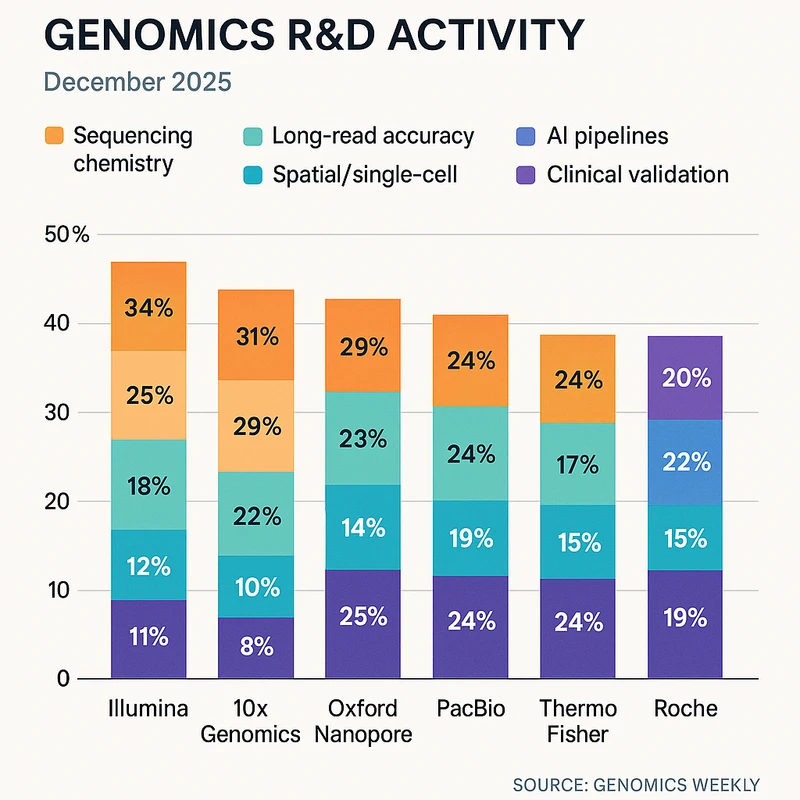 Stacked bar chart showing December 2025 genomics R&D focus areas across major vendors.